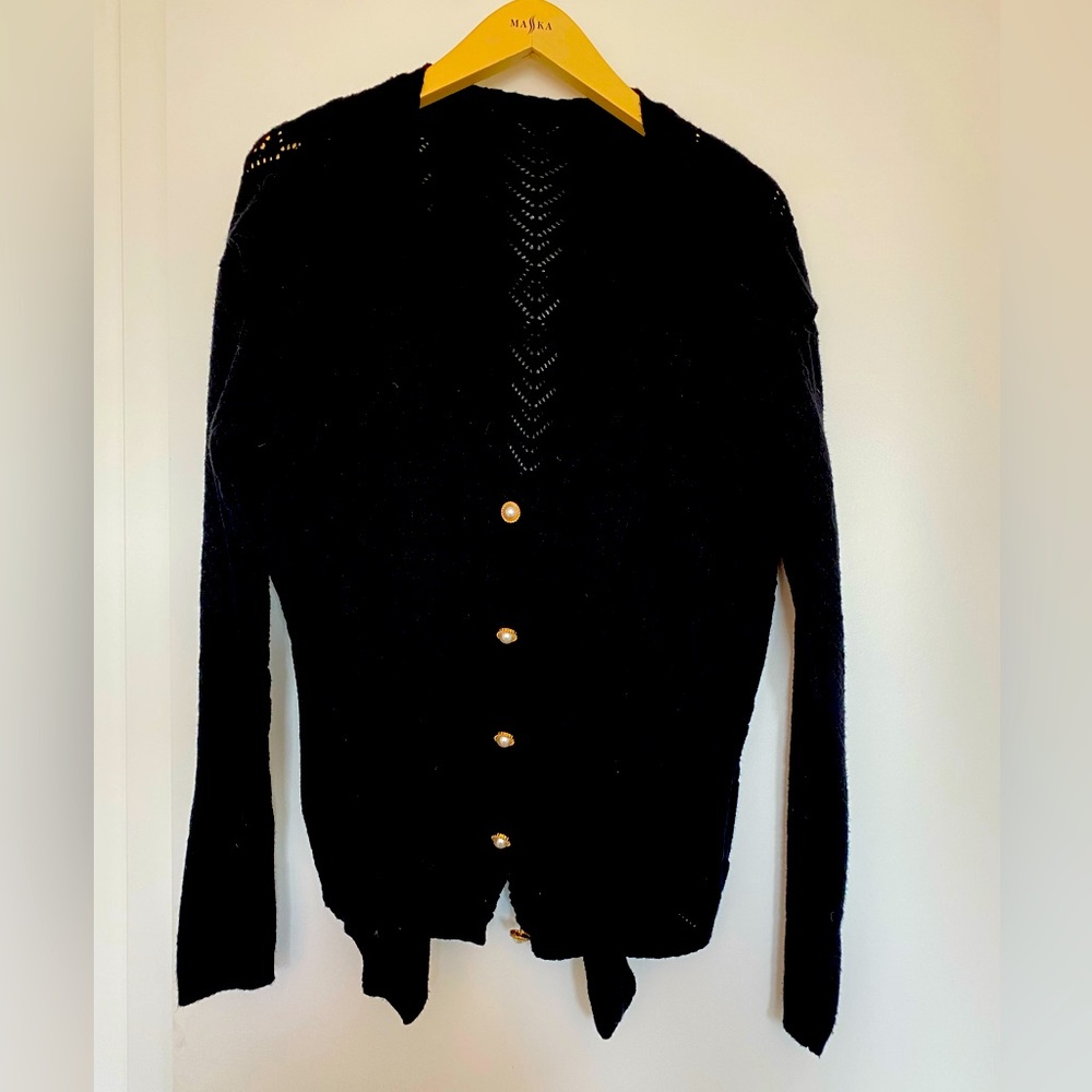 Crochet black cardigan with pearl and gold buttons